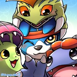 ;) animal_ears black_eyes blue_background blue_fur blush body_fur boxing_gloves bubble_background claws closed_mouth commentary_request digimon digimon_(creature) digimon_on_head dog_boy dog_ears fangs furry furry_male gaomon hand_on_another's_head headband highres looking_at_another looking_at_viewer looking_down looking_to_the_side male_focus modokibetamon on_head one_eye_closed open_mouth orange_eyes otamamon red_headband shakomon sharp_teeth signature smile teeth twitter_username two-tone_fur watagashikn white_fur yellow_eyes 