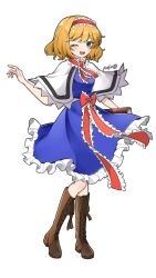  1girl alice_margatroid artist_name blonde_hair blue_dress blue_eyes blush book boots brown_boots capelet commentary_request dress frilled_hairband frills full_body grimoire grimoire_of_alice hairband highres lace-up_boots looking_at_viewer mokou_cooking one_eye_closed open_mouth red_hairband simple_background smile solo touhou white_background white_capelet 