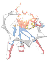  1boy adjusting_eyewear alternate_eye_color blue_bodysuit bodysuit boots commentary cosplay fiery_hair full_body glasses gloves hanamura_yousuke hand_on_eyewear highres kkyagdoyo164972 looking_at_viewer male_focus orange_hair persona persona_4 red_boots red_gloves short_hair simple_background solo susanoo_(persona) susanoo_(persona)_(cosplay) untranslatable_commentary white_background yellow_eyes 