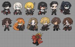  1other 6+boys 6+girls aqua_eyes arthropod_limbs axe baseball_bat black_coat black_eyes black_jacket black_pants blonde_hair blue_eyes coat coat_on_shoulders commentary_request dagger dante_(limbus_company) don_quixote_(project_moon) everyone faust_(project_moon) gregor_(project_moon) grey_background guan_dao heathcliff_(project_moon) heterochromia holding holding_axe holding_baseball_bat holding_mace holding_polearm holding_sword holding_weapon hong_lu_(project_moon) ishmael_(project_moon) jacket jaggy_lines knife korean_commentary lance limbus_company mace meursault_(project_moon) multiple_boys multiple_girls necktie ootachi outis_(project_moon) pants polearm project_moon rbfnrbf_(mandarin) red_coat red_necktie rodion_(project_moon) ryoshu_(project_moon) short_hair simple_background sinclair_(project_moon) sword weapon white_hair yellow_eyes yi_sang_(project_moon) zweihander 