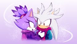  1boy 1girl absurdres blaze_the_cat cropped_torso furry furry_female furry_male gloves hashtag-only_commentary highres jacket mentita_agria scarf silver_the_hedgehog sonic_(series) white_gloves winter_clothes yellow_eyes 