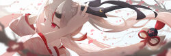  1girl absurdres bow commentary_request hair_between_horns hair_ornament highres hololive horn_ornament horns long_hair mk_haku multicolored_hair nakiri_ayame oni red_bow red_eyes solo virtual_youtuber white_hair 