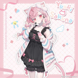  1girl :3 animal_ears artist_request black_bloomers black_negligee bloomers blue_bow blush bow braid breasts cardigan cat_ears cat_girl cat_hair_ornament closed_mouth hair_bow hair_ornament hairclip indie_virtual_youtuber long_hair long_sleeves looking_at_viewer negligee official_art pink_eyes pink_hair smile solo star_(symbol) star_hair_ornament striped_cardigan twin_braids twintails virtual_youtuber yuuki_sakuna 