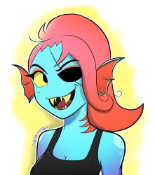  1girl 2023 2d anthro artist_name black_eyepatch black_tank_top blue_skin breasts cleavage colored_sclera colored_skin colored_teeth commentary digital_media ear_fins english_commentary eyelashes eyepatch female female_only fins fish fish_girl gradient_background head_fins high_ponytail highres long_hair making-of_available monster monster_girl open_mouth outline ponytail portrait red_hair sharp_teeth simple_background solo tank_top teeth thedavidart tongue two-tone_background undertale undyne utdr_(toby_fox) white_background white_outline yellow_background yellow_sclera yellow_teeth 