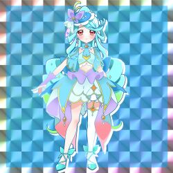  1girl absurdres aqua_bow aqua_bowtie aqua_hair aqua_shirt aqua_shoes aqua_skirt back_bow blue_bow blue_hat boater_hat bow bowtie brooch butterfly_hat_ornament checkered_background closed_mouth commentary cure_eclair earrings hat hat_ornament heart heart_brooch highres jewelry large_bow layered_skirt long_hair looking_at_viewer magical_girl meitantei_precure! midriff miniskirt navel ponytail precure red_eyes shirt shoes showgirl_skirt single_thighhigh skirt sleeveless sleeveless_shirt smile solo standing thigh-highs tilted_headwear white_skirt white_thighhighs yuunaduse 