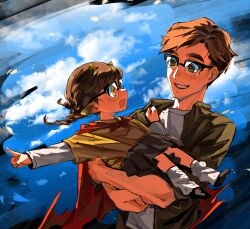  1boy 1girl :d absurdres adoptive_parent_and_adoptive_child animification black_shoes black_skirt blush braid brown_hair cape carrying child child_carry commentary english_commentary eye_contact family_bonding father_and_daughter glasses green_eyes green_shirt happy highres horns juanaflippa layered_sleeves long_sleeves looking_at_another low_twin_braids medium_hair minecraft_youtube open_clothes open_mouth open_shirt personification pointing pointy_ears quackity_smp red_cape shanuraru shirt shoes short_hair short_over_long_sleeves short_sleeves skirt sky slimecicle slit_pupils smile twin_braids upper_body white_shirt yellow_eyes yellow_shirt 