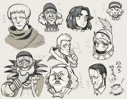  1girl beard cecile_(suikoden) character_request closed_mouth commentary_request facial_hair gensou_suikoden gensou_suikoden_iii gloves greyscale letmelive/letmedie looking_at_viewer monochrome multiple_boys short_hair simple_background thomas_(suikoden) white_background 