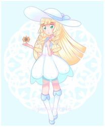  1girl :o aqua_background aqua_shoes blonde_hair blush border braid commentary cosmoem dress english_commentary eyelashes full_body green_eyes hat lillie_(pokemon) long_hair making-of_available open_mouth pokemon pokemon_(creature) pokemon_sm purupurple shoes socks standing twin_braids white_border white_dress white_hat white_socks wide_brim 
