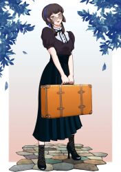  1girl absurdres black_hair black_shoes black_socks blue_dress blue_hairband blunt_sidelocks casual commentary_request commission dress freckles full_body green_eyes hair_bun hairband high_heels highres kantai_collection long_hair looking_at_viewer mogador_(kancolle) pixiv_commission polka_dot shoes sidelocks smile socks solo suitcase sunglasses tenonom 