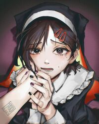  1girl 1other 2024 black_dress black_nails brown_eyes brown_hair chainsaw_man commentary crying dress hair_ornament hairclip hand_on_another's_cheek hand_on_another's_face hat higashiyama_kobeni highres holding_another's_wrist mole mole_under_eye mole_under_mouth multiple_moles nun open_mouth pov pov_hands purple_nails signature streaming_tears taorotana tattoo tears upper_body 