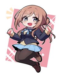  1girl :d absurdres black_jacket black_pantyhose blue_bow blue_bowtie blue_skirt blush bow bowtie brown_hair brown_shoes chibi chibi_only commentary full_body gakuen_idolmaster hands_up highres himesaki_rinami idolmaster jacket jorang_(jorang08) layered_sleeves long_hair long_sleeves looking_at_viewer miniskirt notice_lines open_mouth outline pantyhose pink_background pleated_skirt school_uniform shoes skirt smile solo sparkle sweater violet_eyes white_outline yellow_sweater 