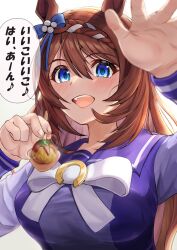  1girl absurdres animal_ears blue_eyes blush bow bowtie braid breasts brown_hair commentary_request ear_bow feeding food hair_between_eyes highres holding holding_spoon horse_ears horse_girl incoming_food large_breasts long_hair long_sleeves looking_at_viewer multicolored_hair open_mouth purple_sailor_collar purple_shirt sailor_collar sailor_shirt school_uniform shirt shuten_(shutehaan) simple_background smile solo speech_bubble spoon streaked_hair super_creek_(umamusume) takoyaki teeth tracen_school_uniform translation_request umamusume upper_teeth_only very_long_hair white_background white_bow white_bowtie white_hair 