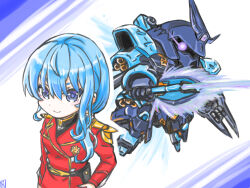 1girl alternate_costume artist_logo blue_eyes blue_hair blush_stickers char's_counterattack char_aznable char_aznable_(cosplay) chibi closed_mouth commentary_request cosplay energy_sword eye_trail flying gundam hair_between_eyes highres holding holding_sword holding_weapon hololive hoshimachi_suisei jacket light_trail logo long_sleeves looking_at_viewer mecha military_jacket mobile_suit mukago neo_zeon one-eyed red_jacket robot sazabi sd_gundam smile star_(symbol) star_in_eye sword symbol_in_eye violet_eyes virtual_youtuber weapon 