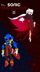  1boy 1girl absurdres aged_up alternate_design animal_ears animal_nose armor black_dress black_sclera blue_armor closed_mouth colored_sclera council_unity cyberspace digital_dissolve dress full_body furry furry_male glitch gloves hair_over_one_eye hair_rollers hedgehog_boy highres humanoid_robot long_hair long_sleeves looking_at_viewer metal_sonic multicolored_hair pixel_eyes pointy_nose red_eyes red_hair robot sage_(sonic) shoes short_hair sonic_(series) sonic_frontiers sonic_racing:_crossworlds white_gloves white_hair 