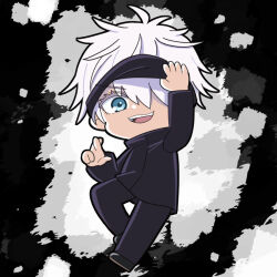  1boy arm_up black_headband black_jacket black_pants black_shoes blue_eyes chibi chibi_only commentary_request dot_nose full_body gojou_satoru hair_over_one_eye hand_up headband jacket jujutsu_kaisen long_sleeves looking_at_viewer male_focus nabe_(nabe_otome) open_mouth pants shoes short_hair solo standing white_hair 