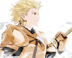  1boy armor black_border black_shirt blonde_hair border breastplate commentary_request earrings fate/strange_fake fate_(series) from_side full_armor gauntlets gilgamesh_(fate) gold_armor gold_earrings hand_up highres holding holding_sword holding_weapon jewelry kemo_nya korean_commentary long_sleeves looking_to_the_side male_focus red_eyes shirt short_hair shoulder_armor simple_background smile solo spiky_hair sword teeth upper_body v-shaped_eyebrows weapon white_background 