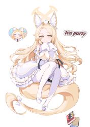  1girl animal animal_ear_fluff animal_ears animal_on_head bird bird_on_head blonde_hair blue_archive blush book bow capelet commentary_request detached_sleeves dress forehead fox_ears fox_girl full_body gold_trim halo highres long_hair long_sleeves looking_at_viewer on_head pantyhose parted_lips pink_eyes seia_(blue_archive) simple_background sleeveless sleeveless_dress sleeves_past_fingers sleeves_past_wrists smile solo striped_clothes striped_pantyhose urosu_(678_ner) very_long_hair white_background white_bow white_capelet white_dress white_pantyhose yellow_bow yellow_halo 