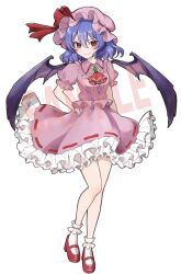  1girl ascot bat_wings brooch closed_mouth collared_shirt frilled_shirt_collar frilled_skirt frills full_body hair_between_eyes hat hat_ribbon jewelry looking_at_viewer mary_janes mob_cap mokou_cooking pink_hat pink_shirt pink_skirt puffy_short_sleeves puffy_sleeves purple_hair red_ascot red_eyes red_shoes remilia_scarlet ribbon ribbon-trimmed_skirt ribbon_trim sample_watermark shirt shoes short_sleeves simple_background skirt skirt_set smile socks solo touhou watermark white_background white_socks wings 