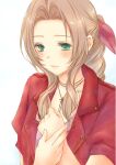  1girl aerith_gainsborough blush braid brown_hair dress final_fantasy final_fantasy_vii final_fantasy_vii_remake green_eyes highres jacket jewelry long_hair nalu necklace own_hands_together pink_dress pink_ribbon red_jacket ribbon solo white_background 