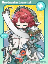  ... 1boy 1girl applying_bandages aqua_border arm_up armor bandages black_jacket blue_coat border cape charon_(reverse:1999) chibi closed_eyes coat commentary_request covered_face dog-san flower french_text gauntlets halftone halftone_background helmet highres holding holding_bandages holding_watering_can jacket marsha_(reverse:1999) open_mouth outside_border plus_sign poppy_(flower) red_flower red_hair reverse:1999 short_hair shoulder_armor speech_bubble spoken_ellipsis upper_body veil watering watering_can white_cape white_flower white_veil yellow_background 