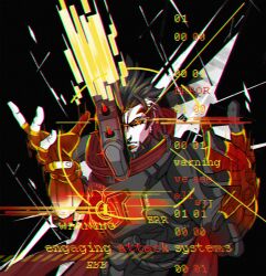  1boy beard binary black_background brown_hair emre_(overwatch) error_message facial_hair fingernails gun handgun hashtag-only_commentary highres looking_at_viewer male_focus multicolored_hair overwatch possessed red_eyes red_scarf scarf sever1220 short_hair third_eye_on_chest two-tone_hair upper_body weapon white_hair 