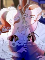  1boy 1girl blurry blurry_background bow bowtie cigarette collared_shirt commentary_request crossed_arms glasses griselle_(pokemon) grisham_(pokemon) half-closed_eyes hand_on_own_hip hand_up multicolored_hair night outdoors pokemon pokemon_legends:_z-a shirt signature smoking twitter_username two-tone_hair upper_body watermark white_shirt woppero_prpr 