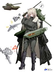 ! 1girl ? absurdres ahoge arm_under_breasts artist_logo artist_name belt black_boots black_coat blonde_hair bodysuit boots breasts buckle buttons camouflage chest_harness closed_mouth coat full_body fur-trimmed_coat fur_trim green_bodysuit harness high_heel_boots high_heels highres holding holding_walkie-talkie knee_boots large_breasts light_blush logo looking_at_viewer medium_hair military military_uniform military_vehicle missile missile_trail motor_vehicle nisp_art original personification photo_inset reactive_armor red_eyes reference_inset ribbon_of_saint_george shoulder_pocket sidelocks simple_background smoke smoke_trail snap-fit_buckle solo speech_bubble star_(symbol) t-14_armata tank thigh_belt thigh_strap thighs trench_coat unmanned_aerial_vehicle walkie-talkie white_background 