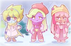  1girl 2boys alternate_costume animal_hat blue_skin boots brown_boots brown_eyes brown_overalls cape captain_spaceboy cat_hat chibi chibi_only closed_mouth colored_sclera colored_skin commentary cup dark-skinned_female dark_skin double-parted_bangs earrings english_commentary eyepatch gloves green_cape green_hair hair_between_eyes hair_ornament hairclip hand_in_pocket hat highres holding holding_cup jewelry long_hair long_skirt long_sleeves multiple_boys neko_a_0628 omori open_mouth overalls parted_lips pink_eyes pink_gloves pink_hair pink_skirt pointy_ears purple_scarf purple_skin red_eyes rococo_(omori) scarf short_hair sidelocks skirt smile sweetheart_(omori) swept_bangs tongue tongue_out triangle_mouth twintails yellow_scarf yellow_sclera 