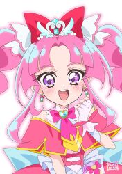  1girl artist_name back_bow blue_bow bow bowtie braid brooch capelet commentary cure_mystique cure_nico dress earrings fingerless_gloves gloves hair_ornament heart heart_brooch heart_hair_ornament highres jewelry kobayashi_mikuru large_bow layered_gloves long_hair looking_at_viewer magical_girl meitantei_precure! parted_bangs pink_hair precure red_bow red_bowtie red_capelet red_dress signature simple_background sleeveless sleeveless_dress smile solo twin_braids upper_body violet_eyes white_background 