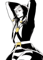  1boy arms_behind_head arms_up black_sclera coat colored_sclera hat highres jojo_no_kimyou_na_bouken limited_palette male_focus mika_yamamori pants profile red_eyes risotto_nero solo striped_clothes striped_pants vento_aureo 