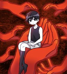  1boy black_shorts black_socks black_tank_top closed_mouth collarbone colored_skin commentary english_commentary expressionless highres kneehighs looking_at_viewer male_focus omori omori_(omori) reii163 shorts sitting socks solo striped_clothes striped_shorts tank_top two-tone_shorts vertical-striped_clothes vertical-striped_shorts white_shorts white_skin 