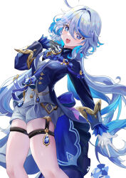  1girl ahoge aqua_eyes asymmetrical_gloves black_gloves blue_bow blue_eyes blue_hair blue_shirt blush bow commentary_request furina_(genshin_impact) genshin_impact gloves hair_between_eyes heterochromia highres looking_at_viewer mismatched_gloves open_mouth shirt short_shorts shorts simple_background smile solo surintendante_chevalmarin thigh_strap vision_(genshin_impact) white_background white_gloves white_shorts x1ub1nh9cr6872 