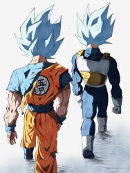  2boys absurdres blue_bodysuit blue_hair blue_shirt blue_shoes bodysuit dougi dragon_ball dragon_ball_super from_behind gloves highres male_focus monkey_boy multiple_boys muscular muscular_male orange_pants pants pato007711 saiyan saiyan_armor scratches shirt shoes simple_background son_goku spiky_hair super_saiyan super_saiyan_blue torn_clothes torn_shirt vegeta walking white_gloves white_shoes wristband 