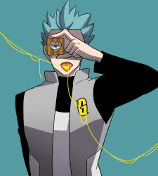  1boy arm_behind_back arm_up black_sleeves blue_background blue_eyes blue_hair candy candy_heart coat commentary_request covering_one_eye cyrus_(pokemon) eating facing_viewer food grey_coat hair_slicked_back high_contrast holding holding_paper looking_ahead lowres male_focus open_clothes open_coat open_mouth paper paper_cutout pokemon pokemon_dppt string string_of_fate sun-baby tongue tongue_out upper_body 