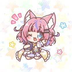  1girl ;d animal_ear_fluff animal_ears blue_eyes blush_stickers book chibi commentary_request hair_ornament hairclip highres holding holding_book jacket kurumizawa_momo_(noripro) looking_at_viewer mitarashi_neko multicolored_hair noripro notice_lines one_eye_closed pink_hair pleated_skirt puffy_short_sleeves puffy_sleeves purple_hair purple_skirt short_sleeves skirt smile socks solo star-shaped_pupils star_(symbol) streaked_hair symbol-shaped_pupils two-tone_hair virtual_youtuber white_background white_jacket white_socks 