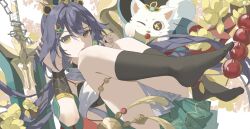  +_+ 1girl absurdres animalization anklet black_socks bra bridal_gauntlets cat chinese_clothes chinese_commentary close-up clothing_cutout commentary_request detached_collar detached_sleeves dress dual_persona earrings food grey_hair hair_between_eyes hair_ornament headpiece highres holding holding_weapon honkai:_star_rail honkai_(series) huge_weapon jewelry kelinxiu knees_up leaning_back looking_to_the_side low_twintails multicolored_eyes one_eye_closed open_mouth orange_eyes person_and_animalization short_sleeves skewer socks solo star-shaped_pupils star_(symbol) sword symbol-shaped_pupils thighlet thighs twintails underwear weapon yunli_(honkai:_star_rail) 