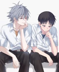  2boys belt belt_buckle black_hair black_pants blue_eyes breast_pocket brown_belt buckle collared_shirt grey_hair hand_on_own_chin hashtag-only_commentary head_rest highres ikari_shinji looking_at_another looking_to_the_side male_focus mikan_(maggie733) multiple_boys nagisa_kaworu neon_genesis_evangelion open_collar pants pocket red_eyes school_uniform shirt shirt_tucked_in sitting white_background white_shirt wing_collar 