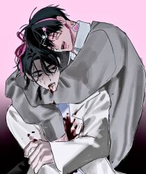  186cm78kg 2boys alien_stage bandaid bandaid_on_face bandaid_on_neck black_eyes black_hair blood blood_from_mouth blood_on_clothes closed_eyes coat dual_persona grey_sweater hair_ornament hair_ribbon hairclip highres hug ivan_(alien_stage) multiple_boys official_alternate_costume pink_background pink_ribbon red_pupils ribbon shirt sweat sweater white_coat white_shirt 