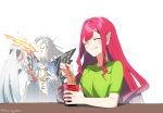  1boy 2girls breathing_fire butterfly_wings chopsticks closed_eyes eating fairy_knight_tristan_(fate) fate/grand_order fate_(series) fire green_shirt grey_hair highres house_tag_denim long_hair morgan_le_fay_(fate) multiple_girls oberon_(fate) pink_hair pink_nails pointy_ears ponytail ramen shirt spicy twitter_username wings 