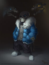  1boy 2015 2d animal animal_on_shoulder artist_name black_background black_shorts blue_eyes blue_jacket commentary dark dark_background digital_media dog english_commentary full_body gasterblaster glowing glowing_eye grey_shirt hands_in_pockets highres hollow_eyes humanoid jacket long_sleeves male male_focus male_only max_davenport monster monster_boy open_clothes open_jacket photoshop_(medium) sans_(undertale) shirt shorts signature simple_background skeleton skull slippers standing striped_shorts teeth triple_vertical_stripe undead undertale utdr_(toby_fox) vertical-striped_clothes vertical-striped_shorts white_dog white_fur white_slippers white_stripes wordpress_username 