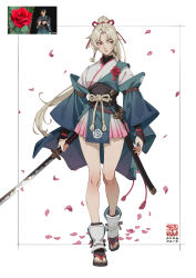  1girl absurdres arm_belt artist_logo belt blue_sleeves brown_belt closed_mouth commentary dated detached_sleeves expressionless falling_petals feet full_body gradient_clothes gradient_hakama grey_hair hair_ribbon hair_tubes hakama hakama_short_skirt hakama_skirt high_ponytail highres inset_border japanese_clothes julian_futanto katana kimono logo looking_at_viewer looking_to_the_side mole mole_under_mouth nail_polish original petals photo_inset pink_hakama pink_nails ponytail red_eyes red_ribbon red_rope reference_inset ribbon rope rope_belt sandals sideways_glance skirt solo standing sword toes unsheathed untranslatable_commentary weapon white_background white_hakama white_kimono zouri 