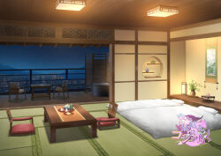  architecture asa_no_ha_(pattern) balcony bathtub bedroom blanket ceiling_light chabudai chair cityscape commentary_request copyright_logo cup east_asian_architecture folding_screen futon hanging_scroll incense_burner indoors lamp logo mizui_xl night no_humans official_art pillow plant plate potted_plant ryokan scenery scroll shelf steam table tatami teapot vase water youko-san_wa_kon_to_naku zaisu 
