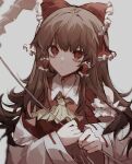  1girl bow brown_hair chan8016 chinese_commentary closed_mouth collared_vest commentary detached_sleeves eyebrows_behind_hair frilled_bow frilled_hair_tubes frills frown gohei grey_background hair_bow hair_tubes hakurei_reimu highres holding_gohei long_hair looking_at_viewer red_bow red_eyes red_vest ribbon-trimmed_sleeves ribbon_trim sidelocks simple_background solo touhou upper_body vest white_sleeves wide_sleeves 
