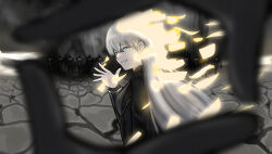  1girl 6+boys absurdres angelica_(project_moon) black_sweater clownhassan dissolving distortion hand_up highres lapels library_of_ruina long_hair long_sleeves looking_at_viewer mili_(band) multiple_boys pages parted_lips pov pov_hands project_moon ribbed_sweater roland_(project_moon) silver_trim smile smoke sweater tian_tian_(mili) turtleneck turtleneck_sweater very_long_hair waving white_hair 