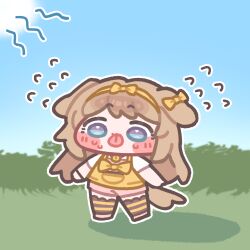  1girl animal_ears blue_eyes blush_stickers butter_(trickcal) chibi chibi_only commentary_request dog_ears dog_girl dog_tail full_body hairband hot korean_commentary long_hair monyami open_mouth outline shadow shorts solo striped_clothes striped_thighhighs sun tail thigh-highs trickcal white_outline yellow_hairband 