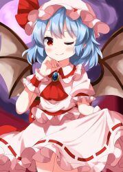  1girl blush closed_mouth commentary_request highres looking_at_viewer one_eye_closed pink_shirt pink_skirt remilia_scarlet ruu_(tksymkw) shirt skirt smile solo touhou 