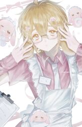  1boy absurdres adjusting_eyewear ahoge alternate_costume animal animal_ears aotu_world apron bespectacled blonde_hair blue_eyes blush bow chinese_commentary clipboard collared_dress collared_shirt crossdressing crossdressing_(mtf) detached_sleeves dress food frilled_apron frills glasses hair_between_eyes hair_bow hair_ornament hairclip hands_up highres kemonomimi_mode king_(aotu_world) looking_at_viewer maid maid_apron maid_headdress male_focus name_tag necktie pale_skin parted_lips pastel_colors pen pink_bow pink_dress plutoray rabbit rabbit_boy rabbit_ears shirt short_hair short_sleeves solo sparkle star_(symbol) trap upper_body white_apron white_background white_necktie 
