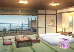  architecture asa_no_ha_(pattern) balcony bathtub bedroom blanket ceiling_light chabudai chair cityscape commentary_request copyright_logo cup east_asian_architecture folding_screen futon hanging_scroll incense_burner indoors lamp logo mizui_xl no_humans official_art overcast pillow plant plate potted_plant ryokan scenery scroll shelf sky steam table tatami teapot vase water youko-san_wa_kon_to_naku zaisu 