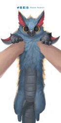  1other arm_blade artist_name blue_fur creature creature_focus dragon facebook_username highres holding holding_creature instagram_username longcat_(meme) looking_at_viewer meme monster_hunter_(series) nargacuga pixiv_username pov pov_hands red_fur tail twitter_username weapon white_background winged_arms wings wyvern xezeno yellow_eyes 