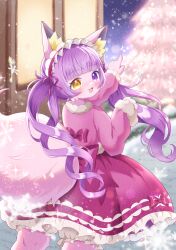  1girl :3 :d absurdres accurate_lolita_coord animal_ears bloomers blunt_bangs blush bow christmas christmas_tree coat commentary_request fluffy_tail fox_ears fox_girl fox_tail frilled_skirt frills fur-trimmed_coat fur_trim furry furry_female hairband heterochromia highres lolita_fashion lolita_hairband looking_at_viewer mirun_migyu original outdoors pink_bow pink_coat pink_skirt pointing purple_hair roshuri-chan_(mirun_migyu) skirt smile snowflakes sparkle sweet_lolita tail tree twintails violet_eyes white_bloomers yellow_eyes 